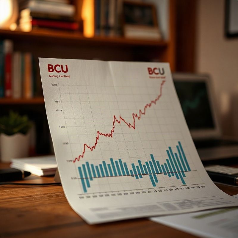 Gráfico económico impreso con logo del BCU sobre escritorio